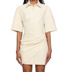 Size 40 For Us Med To Large Stretch Nylon And Cotton Blend Twill Dress -Draped Construction -Cut Out At Side -Mother Of Pearl Hardware 55% Polyamide 36% Cotton 9%Elastins Chic Fitted Ruched Shirt Dress, Summer Fitted Ruched Shirt Dress, Fitted Ruched Shirt Dress For Summer, Chic Summer Shirt Dress With Ruched Detail, Fitted Cream Shirt Dress For Work, Fitted Cream Shirt Dress For Summer, Fitted Cream Shirt Dress For Daywear, Chic Beige Fitted Shirt Dress, Chic Short Sleeve Evening Shirt Dress