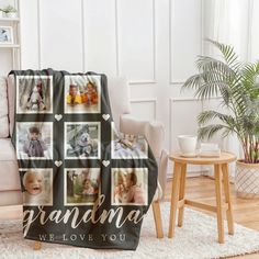 a blanket that has photos on it with the words grandma in gold and white letters