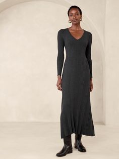 Cece Maxi Sweater Dress | Banana Republic Elegant Ribbed V-neck Maxi Dress, Casual Ribbed Maxi Sweater Dress, Casual Ribbed Maxi Dress For Fall, Elegant Ribbed Midi Dress With V-neck, Elegant Ribbed V-neck Midi Dress, Elegant V-neck Ribbed Midi Dress, Winter Ribbed Maxi Dress, Elegant Ribbed Knit Maxi Dress, Fitted Knit Maxi Dress With V-neck