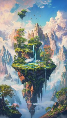 an artistic painting of a floating island in the sky with waterfall and birds flying over it