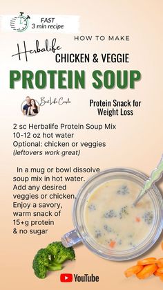 an advertisement for protein and veggie soup with broccoli on the side