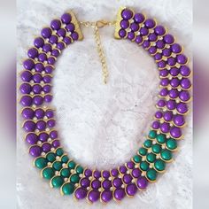 Beautiful Collar Necklace By Iman Beautiful Purple And Green Beads Graduating From 12 Mm To 10 Mm To 8 Mm Beads Three Rows In Gold, With Clear Crystals. 16" With 3" Extender Lobster Claw Catch. New. With Tags Price Is Firm Purple Beaded Chain Jewelry For Party, Purple Jewelry With Colorful Beads For Party, Purple Large Beaded Necklace, Purple Party Jewelry With Colorful Beads, Purple Jewelry For Mardi Gras, Purple Beaded Chain Necklace With Round Beads, Purple Necklaces With Colorful Round Beads, Elegant Purple Beaded Necklace With Round Beads, Purple Beaded Necklaces With Large Round Beads