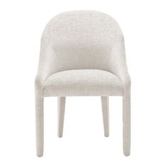 an upholstered white chair with a light colored back and seat, viewed from the side