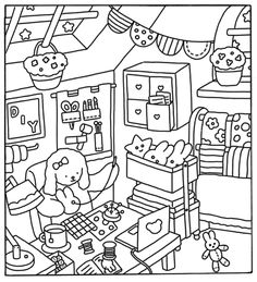 a black and white drawing of a room with teddy bears