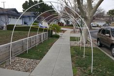 a car parked on the side of a road next to a tree and grass covered sidewalk