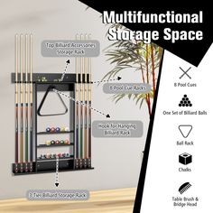 the multi functional storage space for billiards and cues is shown in this diagram