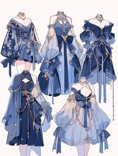 four different dresses with bows on the shoulders and sides, all in blue color scheme