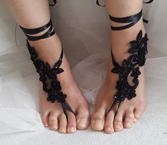 Beaded black lace wedding sandals free shipping by DreamAndReality Black Ankle Strap Sandals For Wedding, Black Open Toe Sandals For Wedding, Summer Dance Sandals With Ankle Strap, Ankle Strap Sandals For Summer Dance, Lace Evening Sandals For Summer, Summer Evening Lace Sandals, Handmade Open Toe Barefoot Sandals For Party, Handmade Adjustable Sandals For Party, Handmade Barefoot Sandals For Party