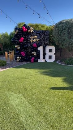 an artificial lawn is decorated with balloons and streamers for the 18th birthday party in this backyard