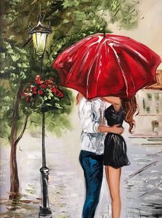 a painting of two people kissing under an umbrella