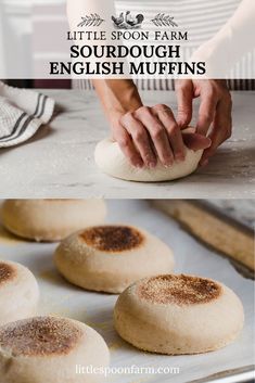 the process of making sourdough english muffins is shown in this image