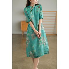 2024 new chinese style traditional cheongsam dress vintage qipao dress oriental style floral cotton Green Stand Collar Cheongsam For Spring, Spring Green Cheongsam With Stand Collar, Cotton Stand Collar Summer Dress, Cotton Summer Dress With Stand Collar, Fitted Summer Cheongsam With Floral Embroidery, Fitted Floral Embroidery Cheongsam For Summer, Summer Floral Embroidered Fitted Cheongsam, Summer Fitted Floral Embroidery Cheongsam, Fitted Floral Print Cheongsam With Short Sleeves