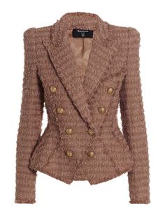 Double-breasted tweed blazer with gold logo button closure, long sleeves and padded shoulders. Composition: 50% polyamide 30% cotton 19% acrylic 1% metal | Balmain Women's Double-breasted Tweed Blazer | SS23 Luxury Tweed Blazer With Buttons, Luxury Blazer With Double Button Closure For Winter, Luxury Tailored Single Breasted Tweed Jacket, Luxury Casual Blazer With Buttons, Luxury Business Casual Blazer With Suit Collar, Luxury Single Breasted Tweed Outerwear, Luxury Single Breasted Tweed Jacket, Luxury Outerwear With Double Button For Fall, Luxury Classic Blazer For The Office