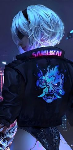 a woman with white hair wearing a black jacket and neon lights in front of a cityscape