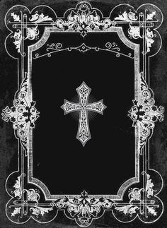 an ornate frame with a cross in the middle and flowers around it on a black background