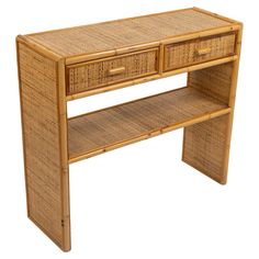 a wooden desk with two drawers and wicker shelves on the bottom shelf, against a white background