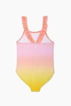 We don't mean to ruffle any feathers, but this Gradient Ruffle One Piece might be the cutest swimwear of the season. Made with UPF40 fabric and a funky color gradient, this super cool one-piece keeps her protected from the sun and bad vibes all at the same time. Playful Ruffle Tankini For Vacation, Playful Ruffled Tankini For Vacation, Playful Ruffled Tankini For Beach Season, Fun Pink Tankini For Summer, Multicolor Uv Protection Tankini For Summer, Playful Ruffled Swimwear For The Pool, Playful Tankini With Uv Protection For Summer, Spring Beachwear Swimwear For Play, Playful Ruffled Tankini For The Pool