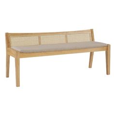 a wooden bench with a cushion on the seat and backrests, against a white background