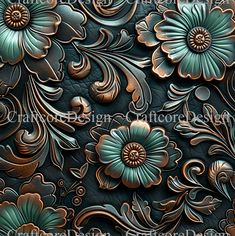 an intricately designed leather background with flowers and leaves on the side, in blue and gold