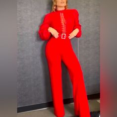 Excellent Quality Elastic And Comfortable Fabric Red Color New Large Size Red Long Sleeve Jumpsuits And Rompers For Fall, Fitted Red Pantsuit For Evening, Red Jumpsuits And Rompers For Work In Fall, Red Jumpsuit For Workwear In Fall, Red Jumpsuit For Work In Fall, Solid Long Sleeve Pantsuit For Party, Elegant Red Long Sleeve Jumpsuit, Red Long Sleeve Pantsuit For Party, Red Pantsuit For Fall Party