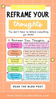 Did you know that you can change your thoughts? Here are some helpful tips to reframing your thoughts! Reframe Your Thoughts, How To Change Your Thoughts, Thought Reframing, Reframing Thoughts, Reframe Thoughts, Counselling Resources, Counselling Tools, Dbt Therapy, Change Your Thoughts