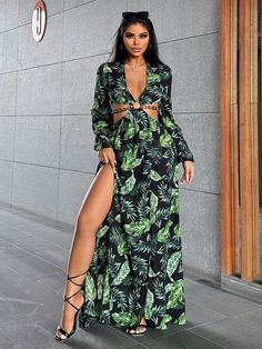 LLstyle Tropical Plant Printed Chiffon Maxi Dress – L L S T Y L E Green Summer Dress With Split Design, Chic Green Maxi Dress With Split, Chic Green Split Maxi Dress, Green Split Design Summer Dress, Green Split Design Dress For Summer, Green Maxi Dress With Split Design, Green Maxi Dress With Side Slits, Spring Long Sleeve Dress With Split Design, Long Sleeve Dresses With Split Design For Spring