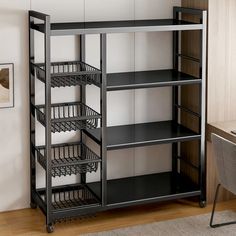 a metal shelving unit with baskets on the bottom shelf and an office desk in the background