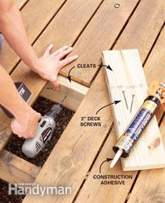 a person is working on some wood planks with glue and an electric screwdriver