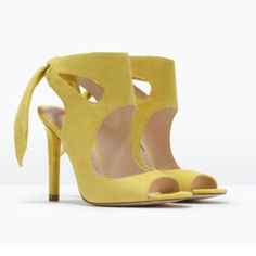 Stunning Yellow Zara High Heels Shir Sandals With Bow Yellow Sandals With 4-inch Heel For Summer, Yellow Pointed Toe Sandals For Summer, Yellow Party Sandals With 4-inch Heel, Yellow Open Toe Party Sandals, Summer Party Heels In Suede, Summer Party Suede Heels, Yellow Open Heel Sandals For Party, Spring Party Suede Heels, Suede Sandals With 4-inch Heel For Party