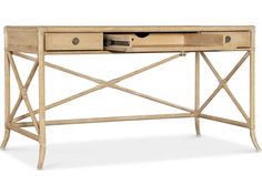 a wooden desk with two drawers on the top and one drawer open at the bottom