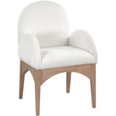 an upholstered white chair with wooden legs and arm rests against a white background