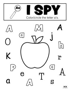 i spy coloring page with an apple and letters