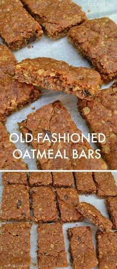 old - fashioned oatmeal bars on a baking sheet with text overlay