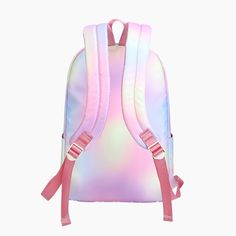 A Rainbow Clouds Backpack that looks just like cotton candy! It has an internal zipper pocket, a safe pocket for a laptop, a central bag opening for large items, small item pockets, a side pocket, and a front zipper pocket. This magical bag is efficient and cute. Ideal for school or work providing quality for daily use. Get this gradient and colorful backpack this year! Size:- Length: 11.4" (29 cm)- Width: 5.1" (13 cm)- Height: 16.5" (42 cm) Material: nylon & polyester Kawaii Student Backpack With Zipper Closure, Pink Backpack For Study, Pink Standard Backpack For Study, Cute Backpack With Zipper Closure For School, Kawaii Travel Backpack In Nylon, Kawaii Nylon Travel Backpack, Kawaii Nylon Backpack For Everyday Use, Trendy Nylon Backpack For Study, Kawaii Backpack With Zipper Closure