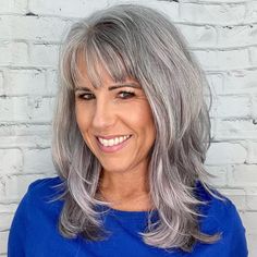 Salt and Pepper Hair with Warm Lowlights Salt And Pepper Wigs, Ash Grey Hair, Grey Hair With Bangs, Gray Balayage, Professional Hair Color, 2023 Hair