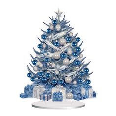 a blue and white christmas tree with presents on it's bottom, in front of a white background