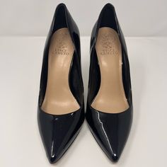 These Are A Gorgeous Pair Of Black Vince Camuto Heels. They Are Used But In Excellent Condition. The Only Signs Of Slight Wear Is At The Bottom Of The Shoes. Otherwise, They Look Brand New. They’re The Perfect Classy Black Heel That Every One Needs In Their Closet! Black Fitted Court Shoes With 4-inch Heel, Classic Black High Heels, Classic Black Heels With 4-inch Heel, Black Court Shoes With 4-inch Heel For Office, Black Fitted Heels With Sculpted Heel, Classic Black 4-inch Heels, Business Black 4-inch Heels, Black Heels With Branded Heel Counter For Work, Black Patent Leather Heels For Work