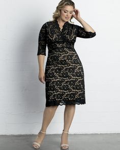 Expect to turn heads in our Scalloped Boudoir Lace Dress.  This sexy and stylish special occasion dress is perfect for cocktail parties, weddings, or any formal or evening event.  Our exquisite plus size lace dress is infused with stretch for a figure flattering fit and you'll love the classic curvy silhouette and midi length.   Feminine 3/4 length scalloped sleeves and a v-neckline finish up this elegant style and add subtle sophistication.  Available exclusively in women’s plus sizes. Formal Dresses Plus Size, Curvy Silhouette, Plus Size Lace Dress, Scalloped Sleeves, Lace A Line Dress, Formal Dress Shops, Special Occasion Dress, Cocktail Parties, Hollywood Fashion