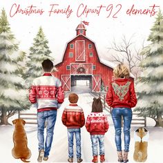 three people and two dogs are standing in front of a barn with christmas decorations on it