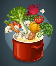 a pot full of vegetables and mushrooms on a dark background - food objects clippings