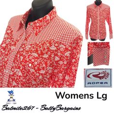 Roper Womens Sz L Western L/S Pearl Snap Shirt Red White Country Floral Top Lg Fitted Red Blouse, Floral Tops, Red And White, Womens Shirts, Long Sleeve, Red, Floral