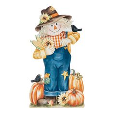 a watercolor painting of a scarecrow with pumpkins