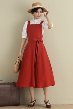 Fit and flare Linen Pinafore Dress 278901 – XiaoLizi Cotton A-line Dress With Side Pockets, Casual Square Neck Workwear Dress, Casual Square Neck Dresses For Work, Casual Square Neck Dress For Work, Square Neck Cotton Midi Dress For Work, Cotton Square Neck Midi Dress For Workwear, Cotton Midi Dress With Square Neck For Work, Square Neck Cotton Dress For Work, Cotton Square Neck Dress For Work