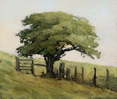 an oil painting of a tree and fence in the country side with grass on both sides