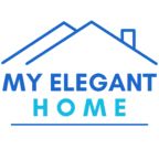 the logo for my elegant home, which is blue and white with an outline of a house