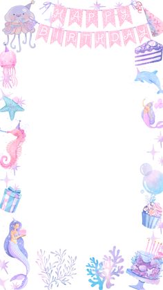 an image of a birthday card with sea animals and cake on the bottom, under a banner that says happy birthday