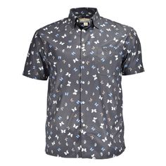 Light and breezy men's Beyond Paradise cotton print button down the front short sleeve shirt. Black with colorful butterflies, accenting taped front placket with a square bottom and split tail hem. 100% cotton with a hidden button under collar with one patch pocket. Great shirt for the beach or cruise no matter your vacation choice. Casual Short Sleeve Shirt With Butterfly Print, Casual Short Sleeve Butterfly Print Shirt, Casual Butterfly Print Short Sleeve Shirt, Summer Cotton Shirt With Butterfly Print, Casual Cotton Shirt With Butterfly Print, Beyond Paradise, Butterfly Shirts, Hem Style, Colorful Butterflies