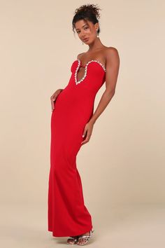 Red Cutout Dress -Rhinestone Trim Dress - Strapless Maxi Dress - Lulus Glamorous Dress, Glamorous Dresses, Column Dress, Rhinestone Trim, Strapless Maxi, Rhinestone Dress, Strapless Maxi Dress, Red Rhinestone, Cutout Dress