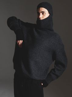 Editor's NotesThis relaxed sweater is topped with balaclava hood that's versatile to keep your face warm and also create naturally draped neckline. It is knitted from warm and soft wool-blend.- Hooded neck- Ribbed edges- Drop shoulder- Unisex wear- Relaxed fitMeasurements (in.)Size: 1 / 2- Total Length: 26.8 in. / 28.0 in. - Shoulder: 34.6 in. / 35.0 in.- Chest: 48.4 in. / 50.4 in.  - Hem: 38.2 in. / 40.2 in. Composition & Care- 30% Wool, 35% Acrylic, 35% Nylon- Do not water wash- Do not iro Cashmere Sweater With Funnel Neck For Winter, Winter Cashmere Sweater With Funnel Neck, Winter Funnel Neck Sweater, Cold Weather Turtleneck With Funnel Neck, Winter Wool Turtleneck With Knit Fabrication, Wool Turtleneck With Knit Fabrication For Winter, Winter Wool Knit Turtleneck, Wool Knit Turtleneck For Winter, Cozy Cashmere Hoodie For Winter