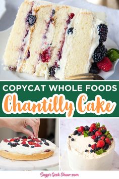 a collage of photos showing different types of cakes and desserts with text overlay that reads copycat whole foods chaatly cake